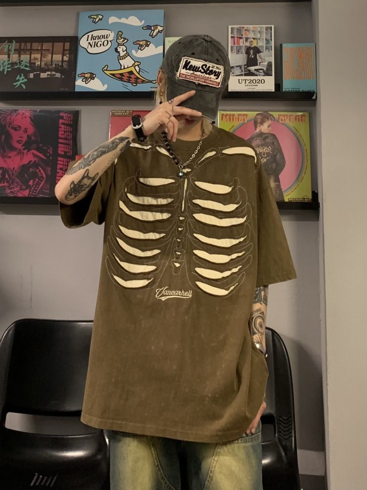 Bone design distressed oversized T-shirt  OR0945