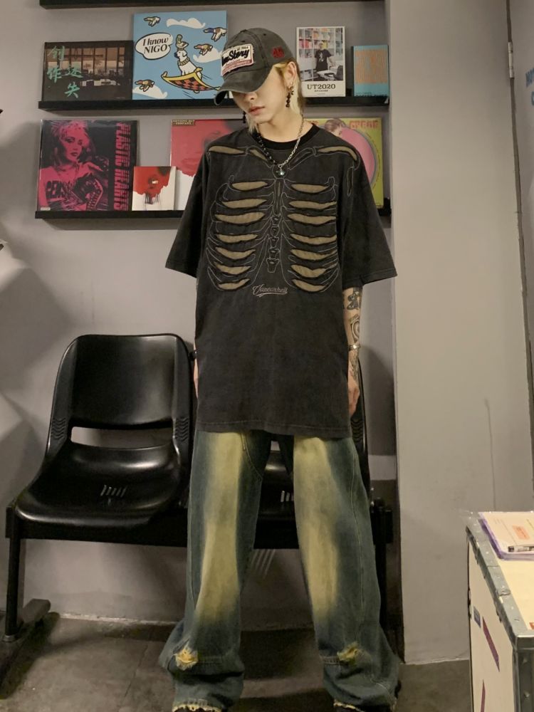Bone design distressed oversized T-shirt  OR0945