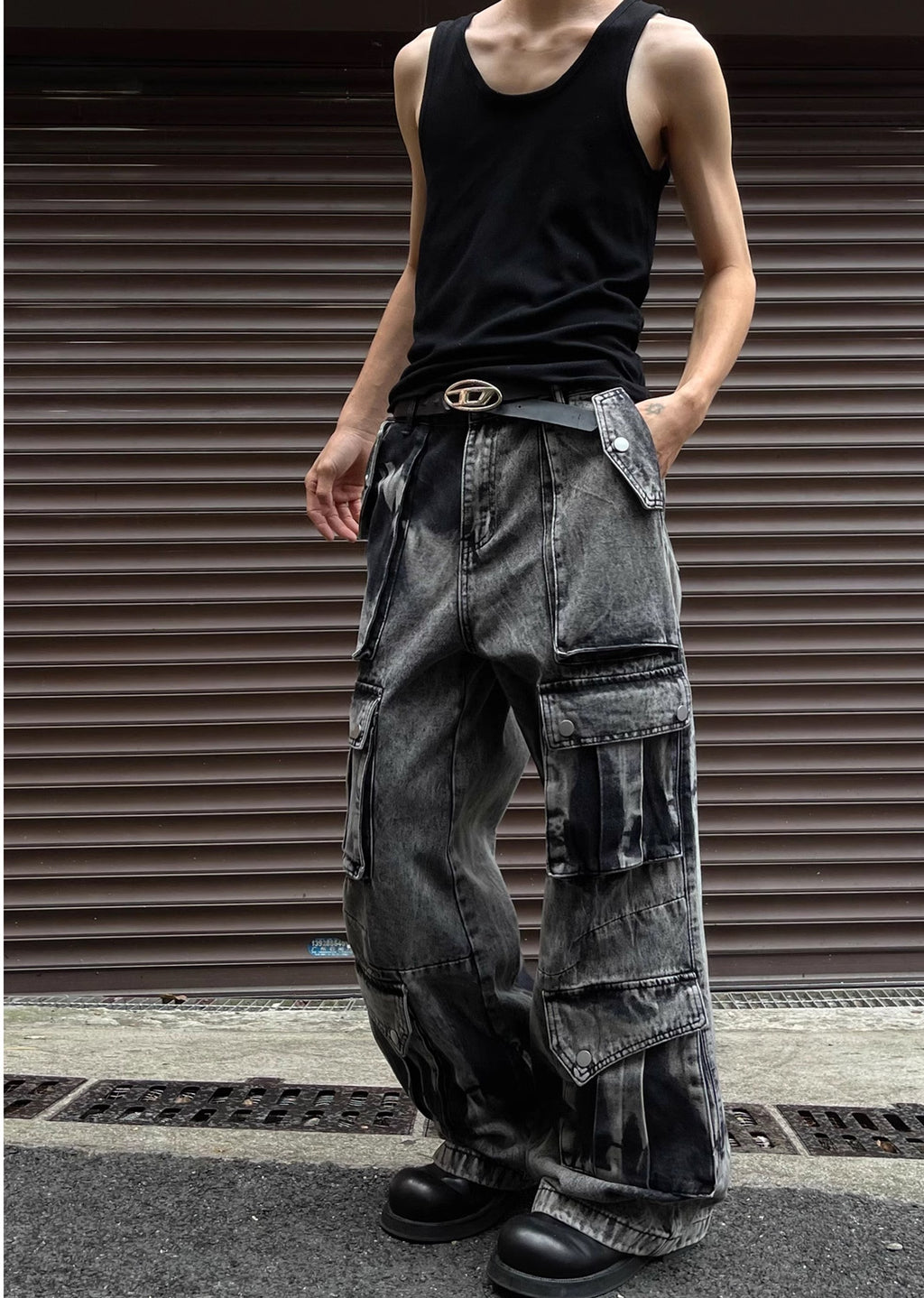 Random wash processing gimmick design gray denim pants  OR0948