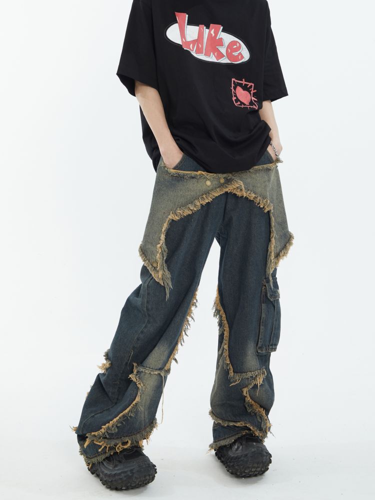 Stitch fringe design wide denim jeans  OR0949