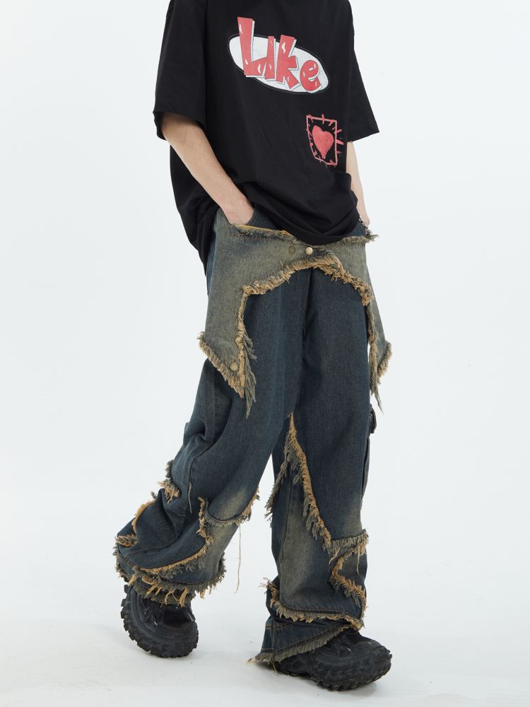 Stitch fringe design wide denim jeans  OR0949