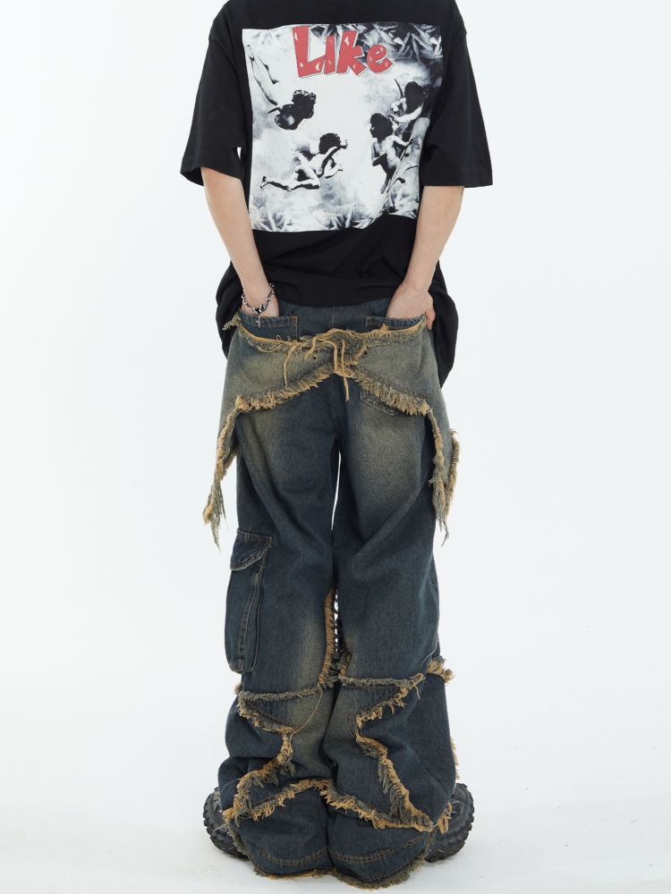 Stitch fringe design wide denim jeans  OR0949