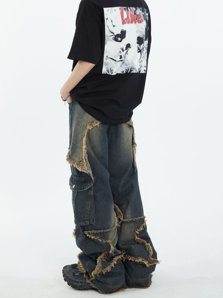 Stitch fringe design wide denim jeans  OR0949