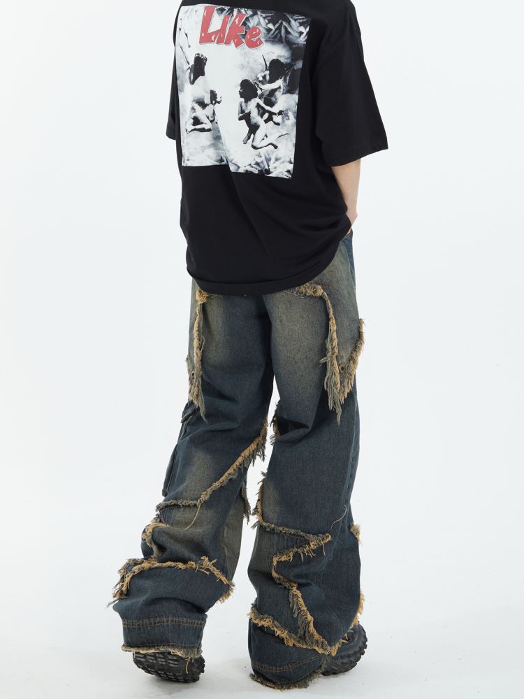 Stitch fringe design wide denim jeans  OR0949