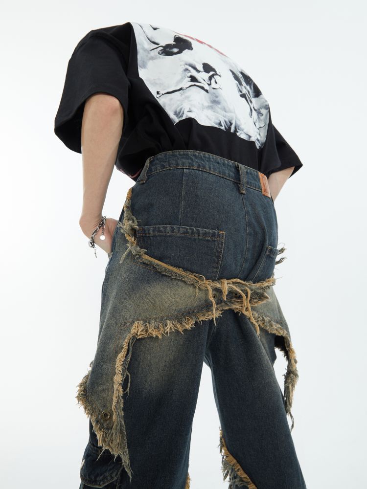 Stitch fringe design wide denim jeans  OR0949