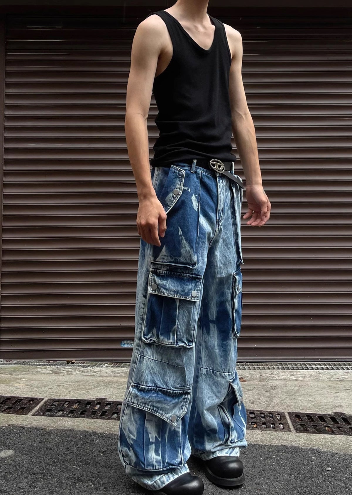 Random wash processing gimmick design blue denim pants  OR0951