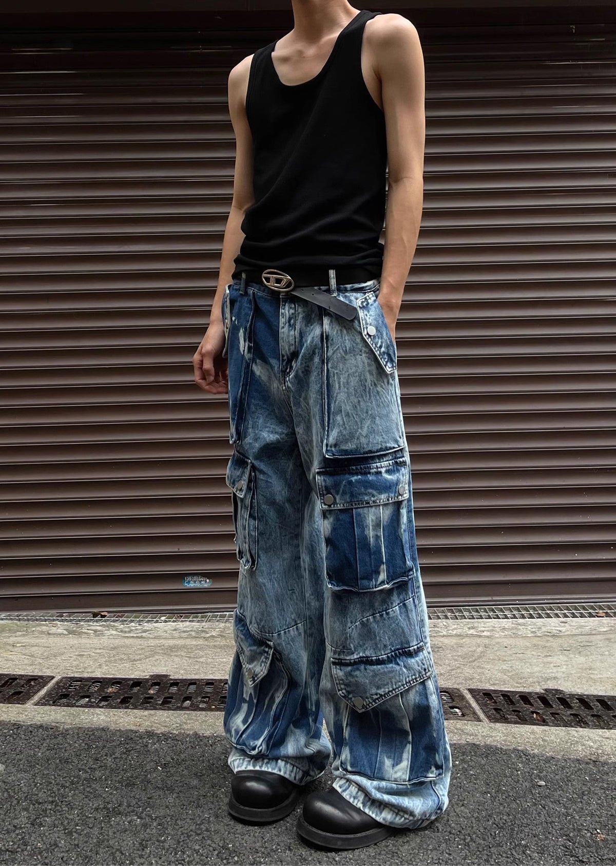 Random wash processing gimmick design blue denim pants  OR0951