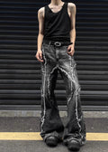 Fringe distressed line black high wide denim pants  OR0957