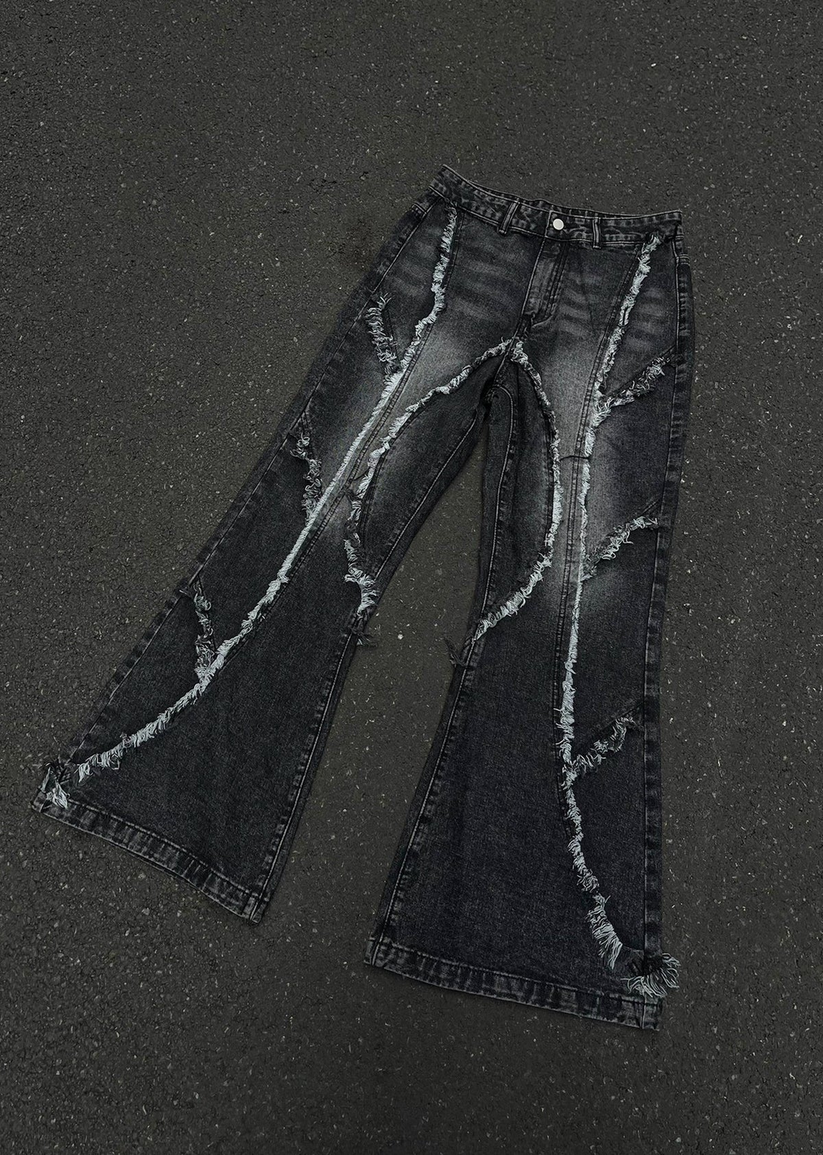 Fringe distressed line black high wide denim pants  OR0957