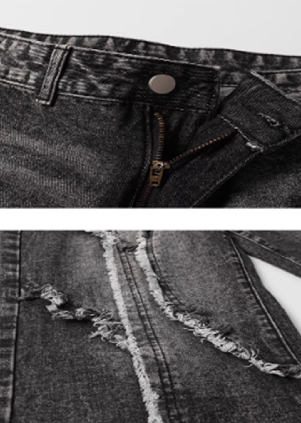 Fringe distressed line black high wide denim pants  OR0957