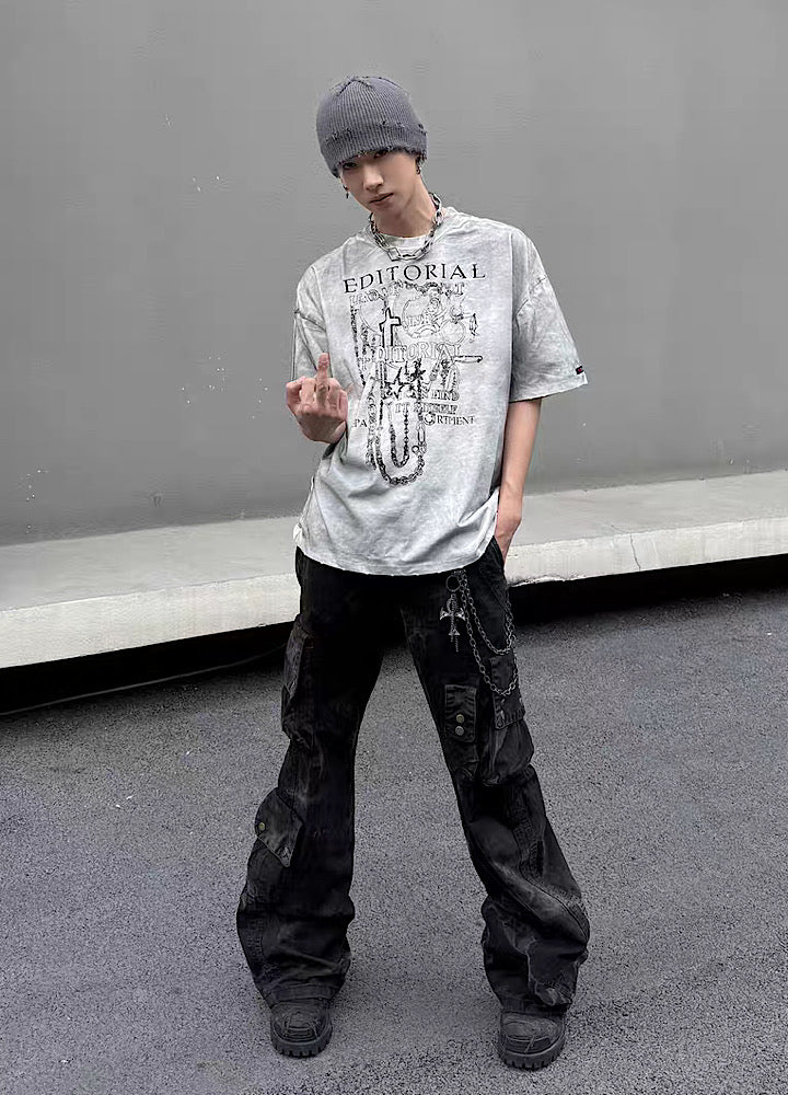 Dirt wash white color design short sleeve T-shirt  OR0960