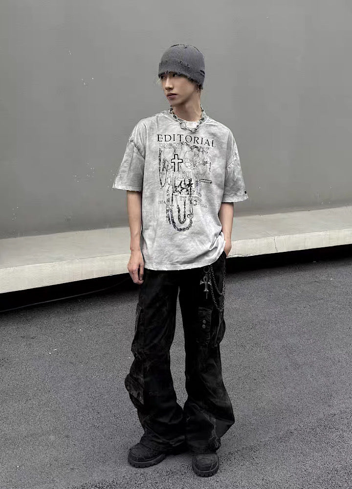 Dirt wash white color design short sleeve T-shirt  OR0960