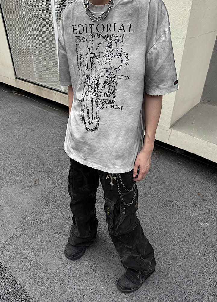 Dirt wash white color design short sleeve T-shirt  OR0960