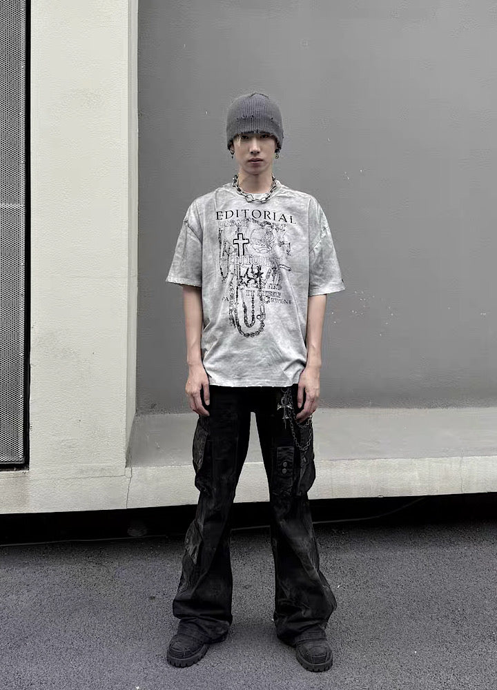 Dirt wash white color design short sleeve T-shirt  OR0960