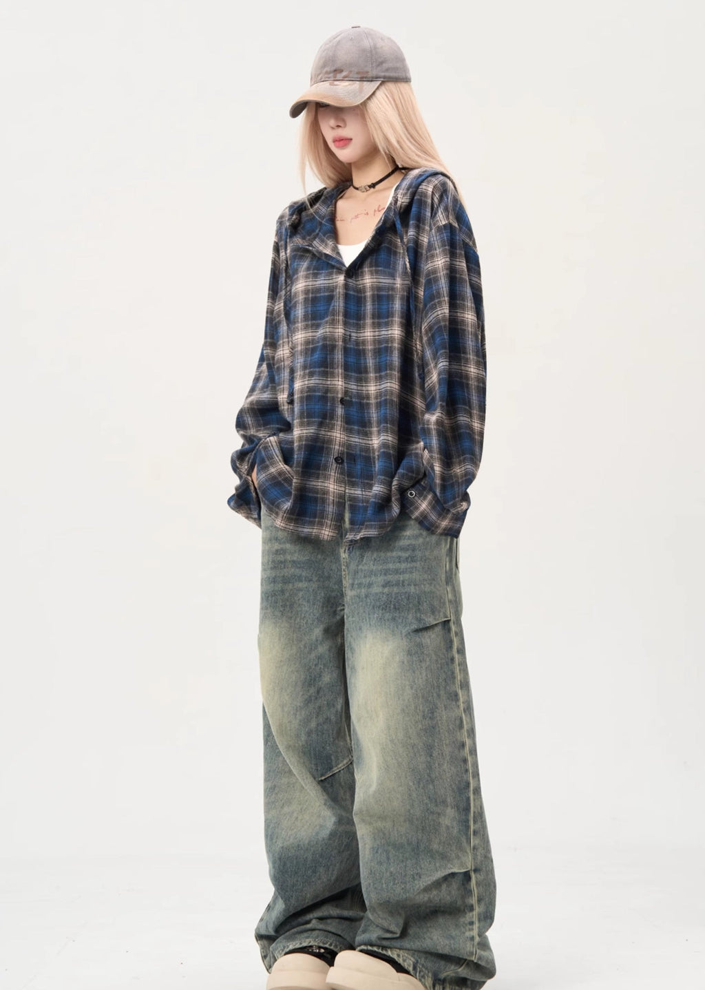 Balance check design hoodie accent long sleeve shirt  OR0961