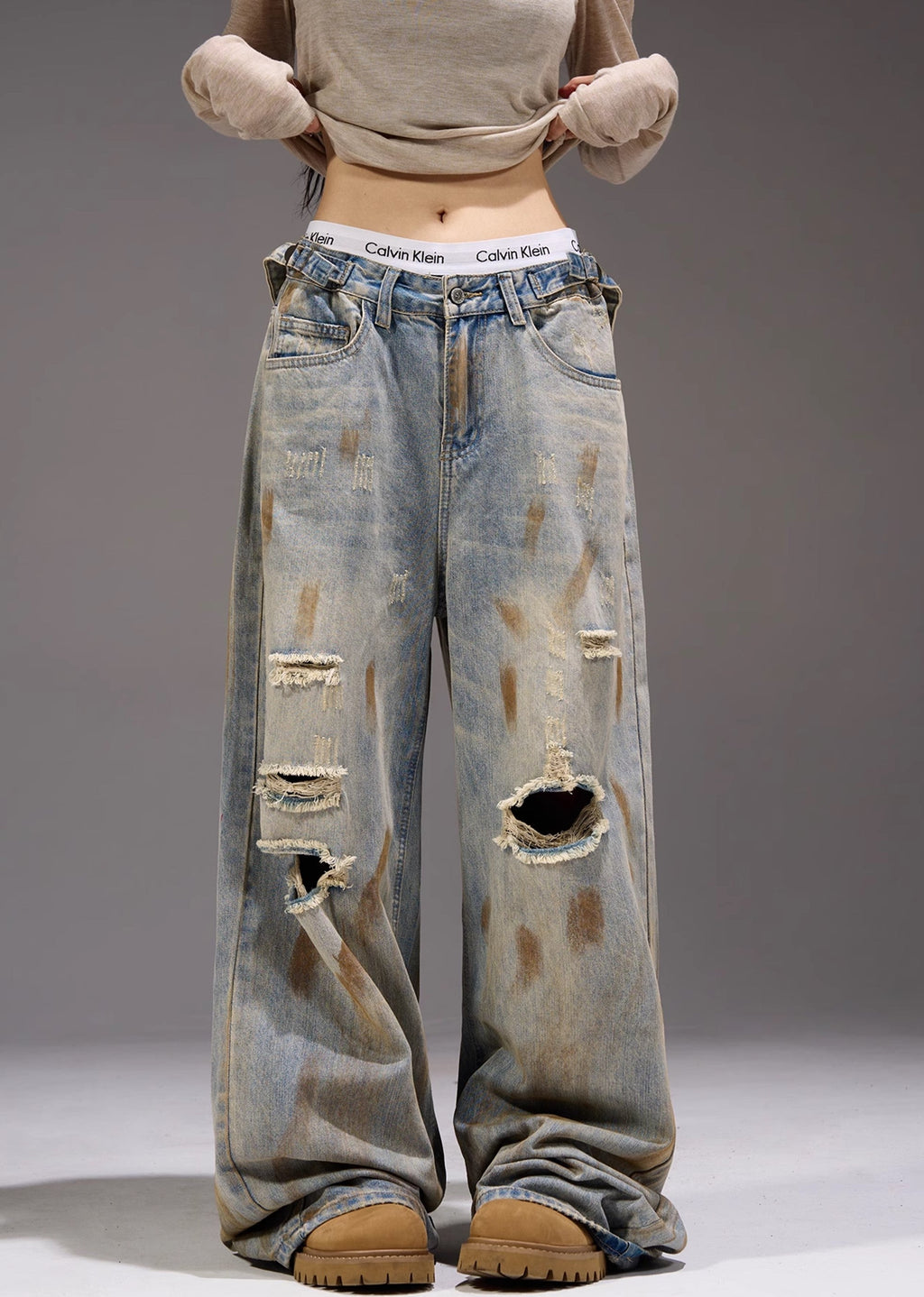 Myriad middle distressed dull wide denim pants  OR0962