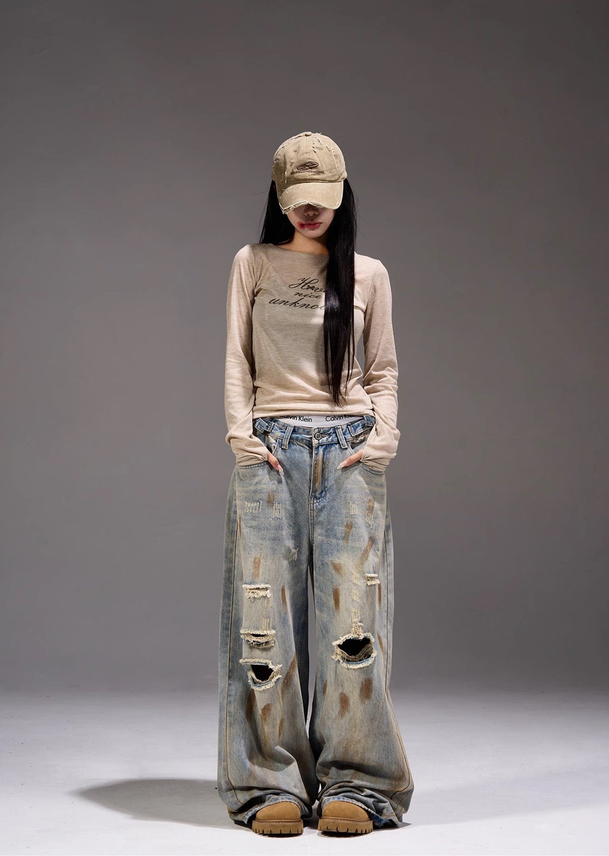 Myriad middle distressed dull wide denim pants  OR0962
