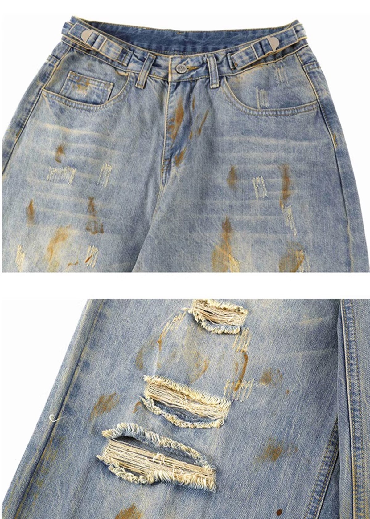 Myriad middle distressed dull wide denim pants  OR0962