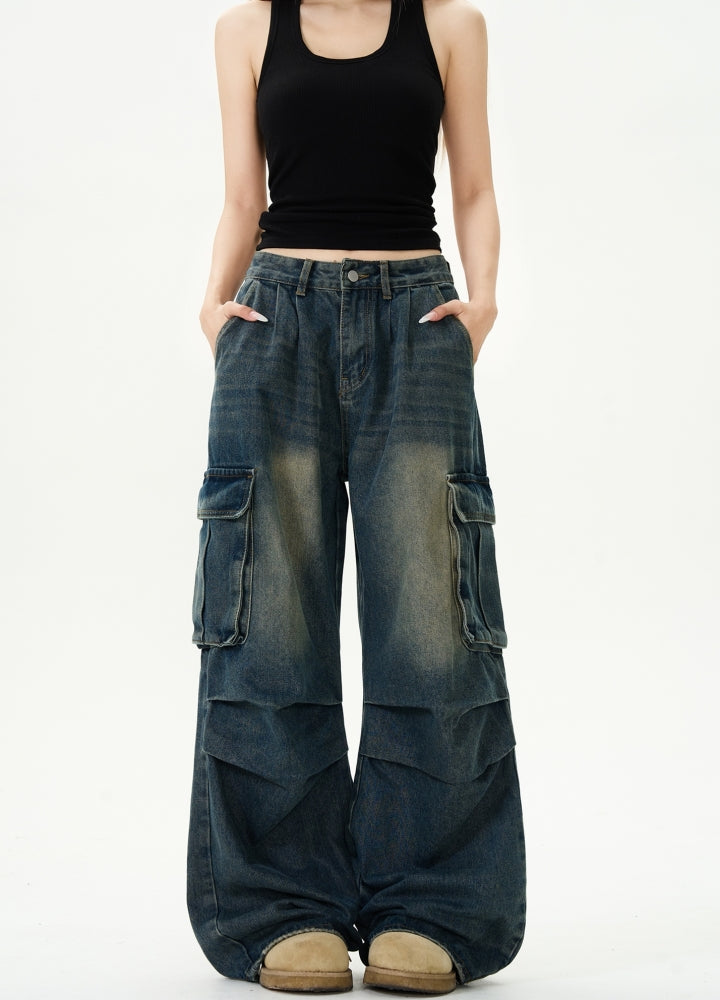 Mid-wash dark cargo denim pants  OR0964