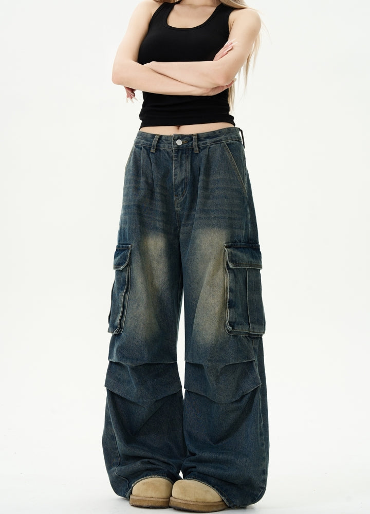 Mid-wash dark cargo denim pants  OR0964