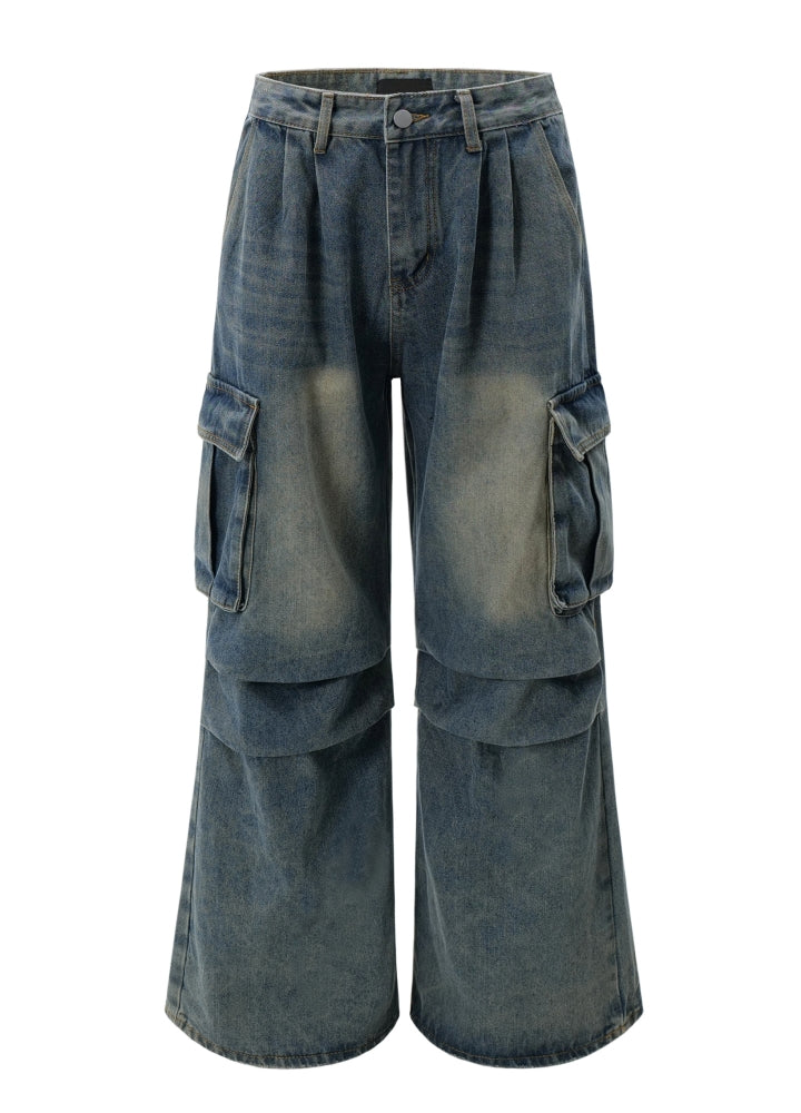 Mid-wash dark cargo denim pants  OR0964