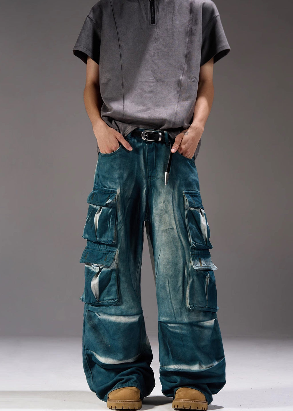 Glossy gimmick fabric glossy design cargo denim pants  OR0967