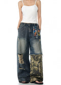 Half-gimmick camouflage design layered distressed denim pants  OR0975