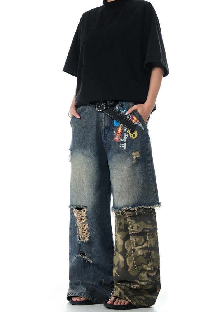 Half-gimmick camouflage design layered distressed denim pants  OR0975