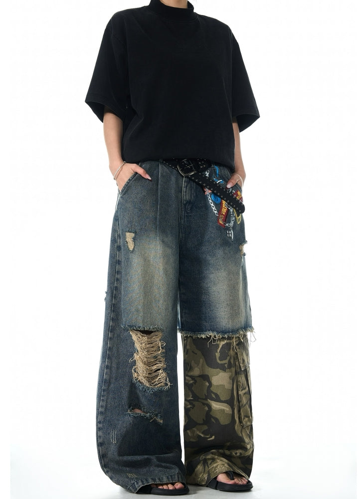 Half-gimmick camouflage design layered distressed denim pants  OR0975