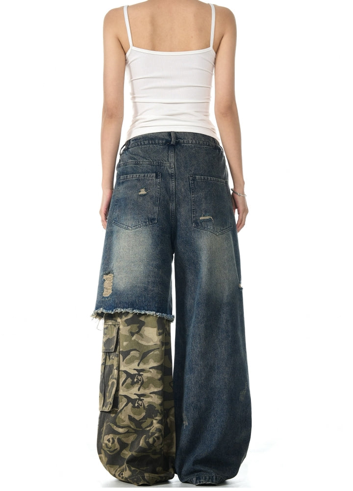 Half-gimmick camouflage design layered distressed denim pants  OR0975