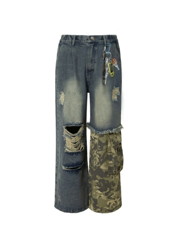 Half-gimmick camouflage design layered distressed denim pants  OR0975