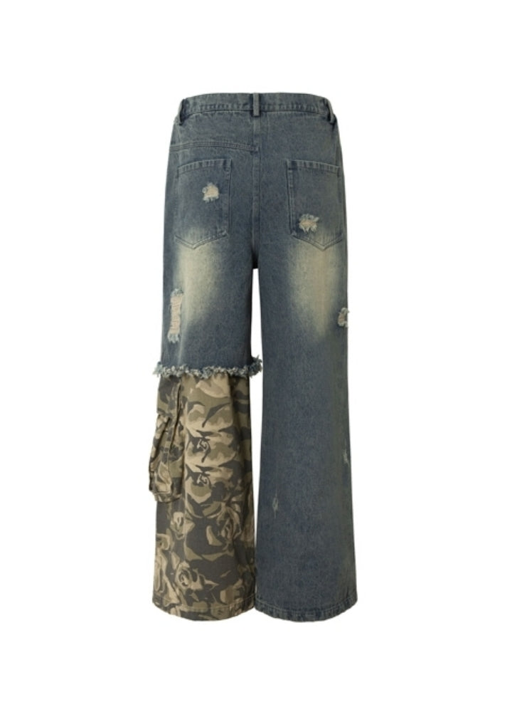 Half-gimmick camouflage design layered distressed denim pants  OR0975