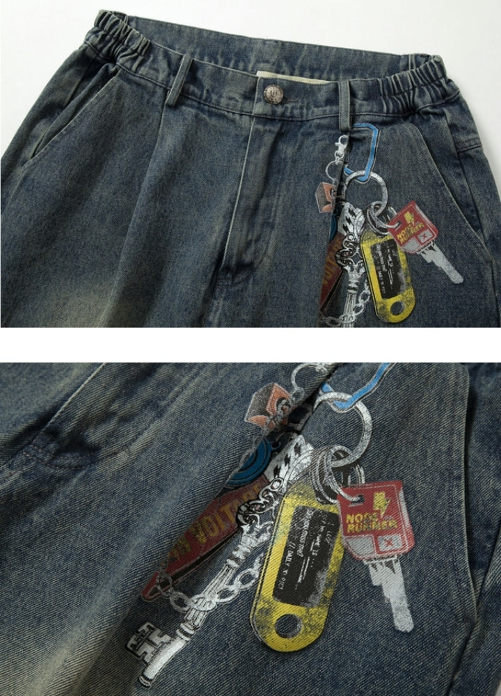 Half-gimmick camouflage design layered distressed denim pants  OR0975