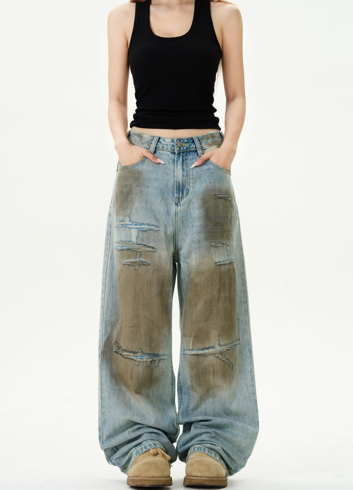 Muddy design grunge style denim wide pants  OR0976