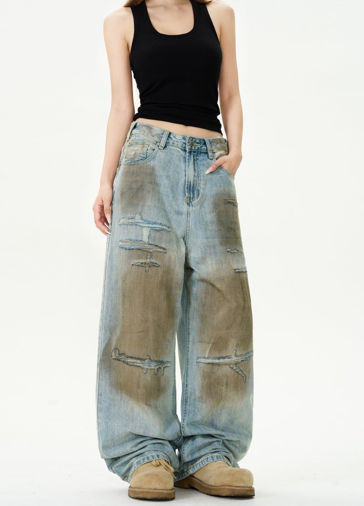 Muddy design grunge style denim wide pants  OR0976