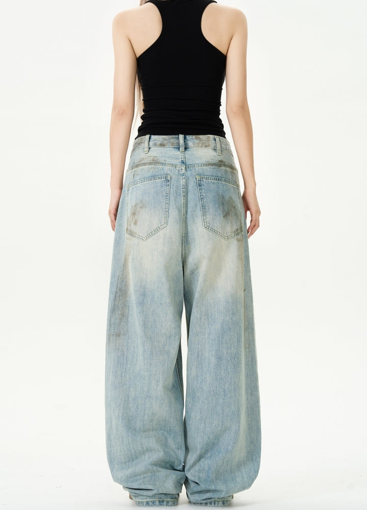 Muddy design grunge style denim wide pants  OR0976