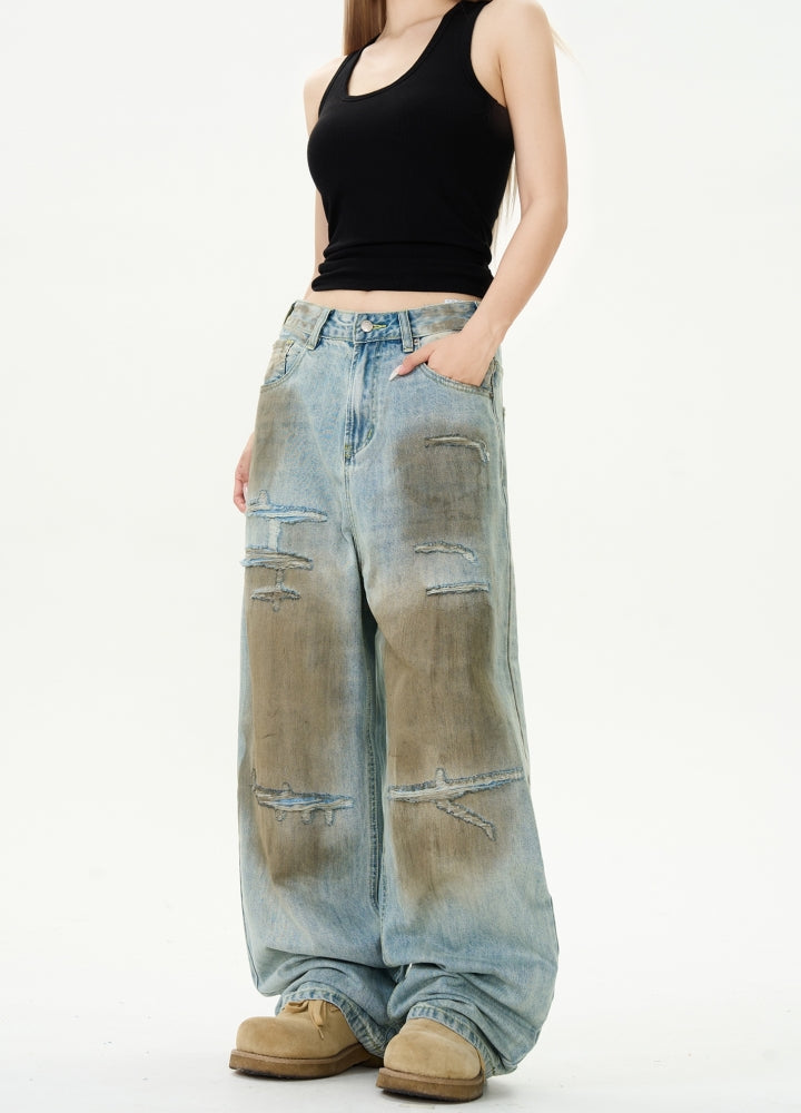 Muddy design grunge style denim wide pants  OR0976