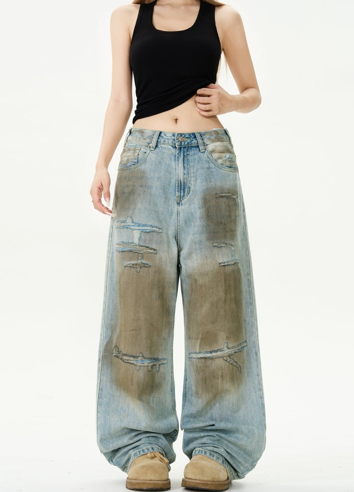 Muddy design grunge style denim wide pants  OR0976
