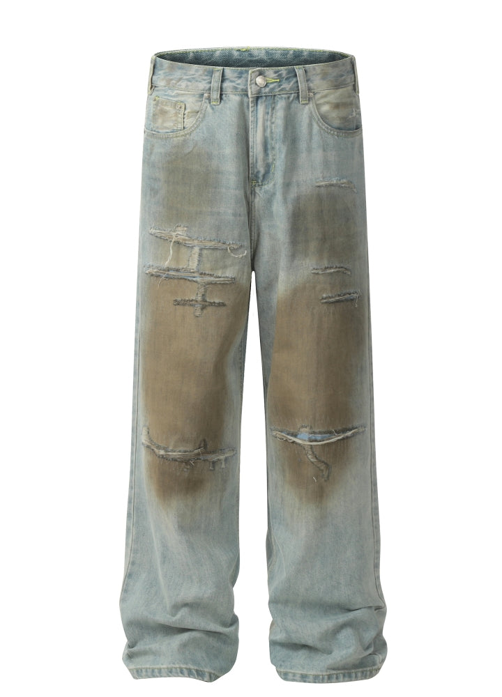 Muddy design grunge style denim wide pants  OR0976