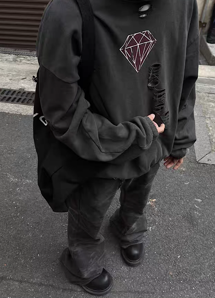 Mid-rise distressed design vintage street type hoodie  OR0980