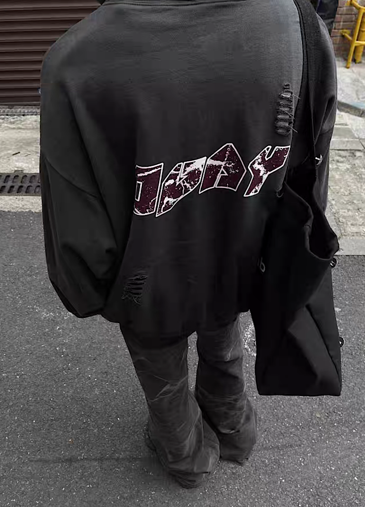 Mid-rise distressed design vintage street type hoodie  OR0980