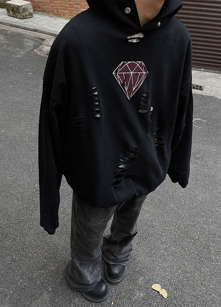 Mid-rise distressed design vintage street type hoodie  OR0980