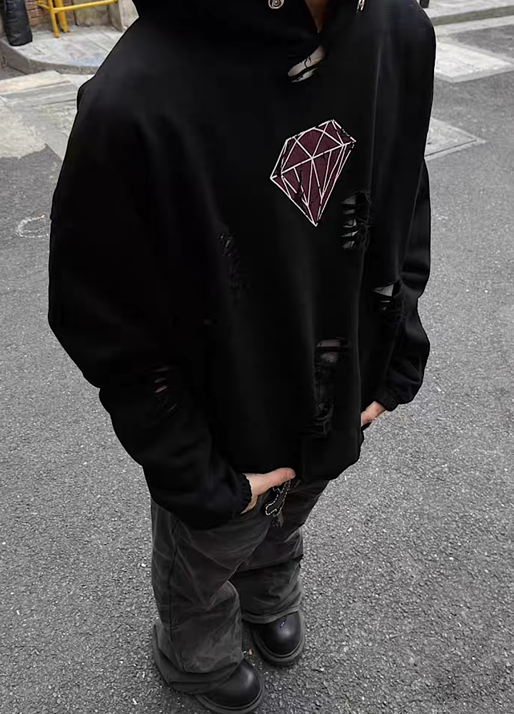 Mid-rise distressed design vintage street type hoodie  OR0980