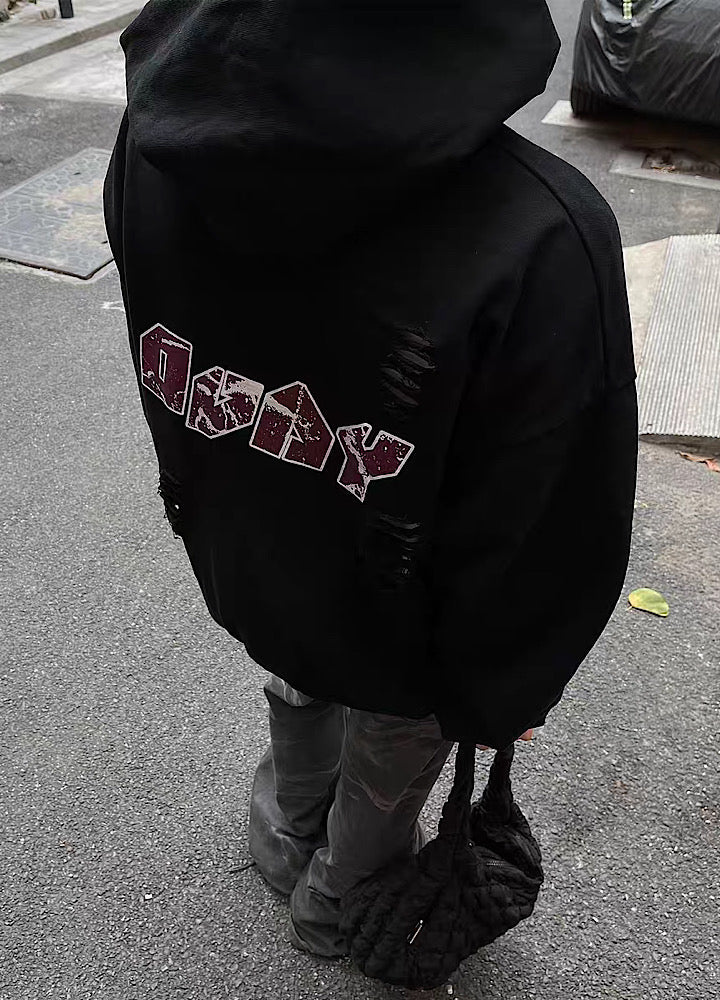 Mid-rise distressed design vintage street type hoodie  OR0980