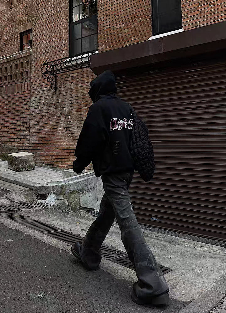 Mid-rise distressed design vintage street type hoodie  OR0980