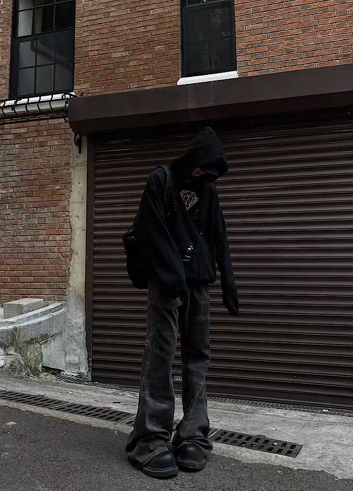 Mid-rise distressed design vintage street type hoodie  OR0980