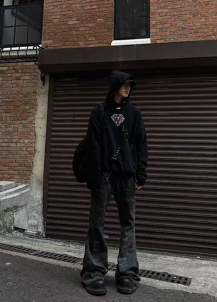 Mid-rise distressed design vintage street type hoodie  OR0980