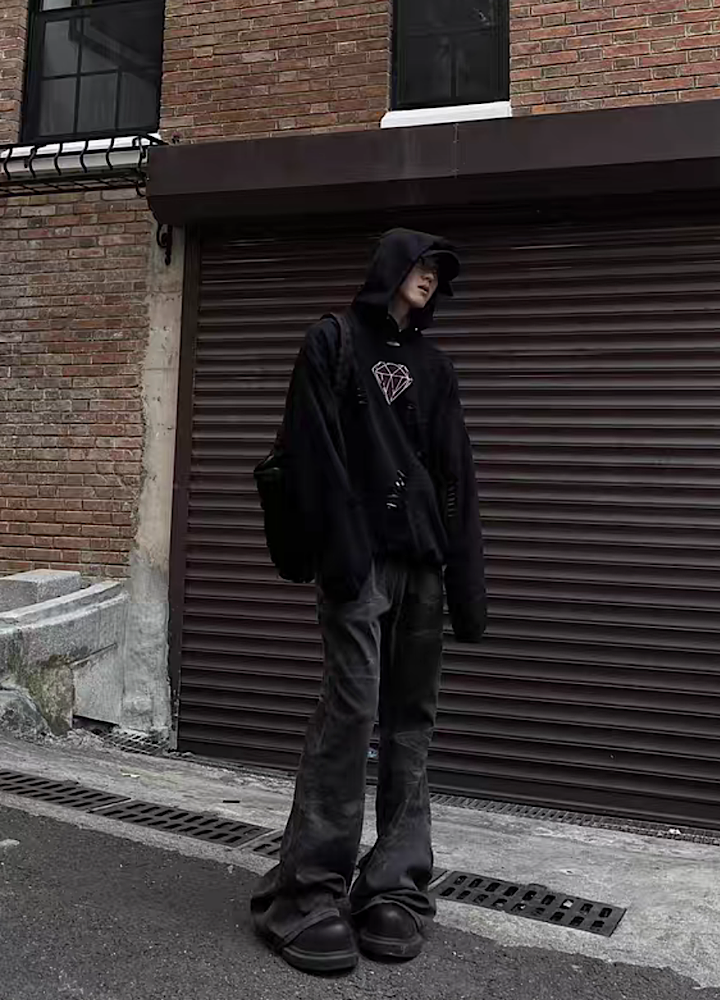 Mid-rise distressed design vintage street type hoodie  OR0980