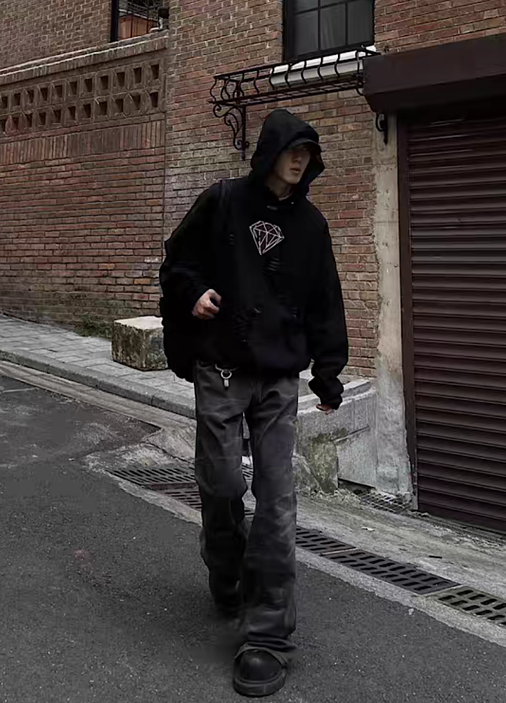 Mid-rise distressed design vintage street type hoodie  OR0980