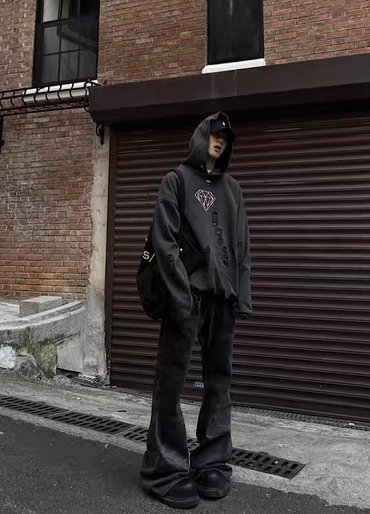 Mid-rise distressed design vintage street type hoodie  OR0980